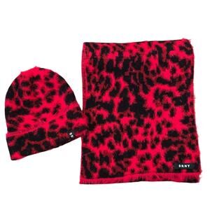 DKNY Super Soft Red Black Animal Style Print Scarf & Beanie Set